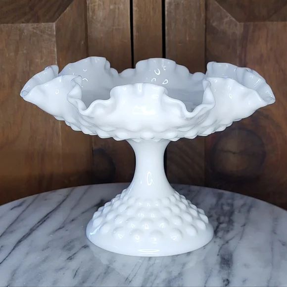 White Hobnail Milk Glass Pedestal Bowl - Picture 3 of 12